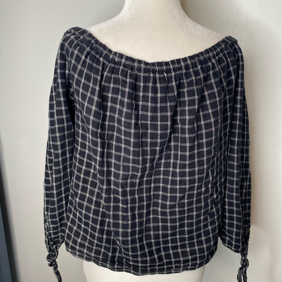 Madewell Off-Shoulder Plaid Blouse Black White - Picture 5 of 11